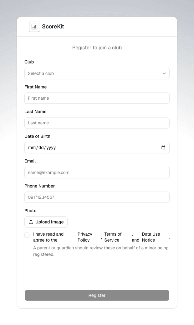 ScoreKit public member registration form